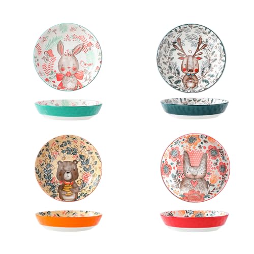 TANG SONG 8" Ceramic Animal Pasta Soup Serving Bowls (Set of 4) | Colorful Porcelain Plates for Kitchen, Dishwasher & Microwave Safe, Perfect for Daily Dining, Family Gatherings & Gifts