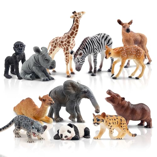 Toymany 12PCS Forest Animals Baby Figurines, Realistic Woodland Animals Figures Toys Includes Elephant, Mountain Lion, Giraffe and Deer Cubs, Cake Toppers Christmas Birthday Gift for Kids Toddlers - style: Baby Wild Animals