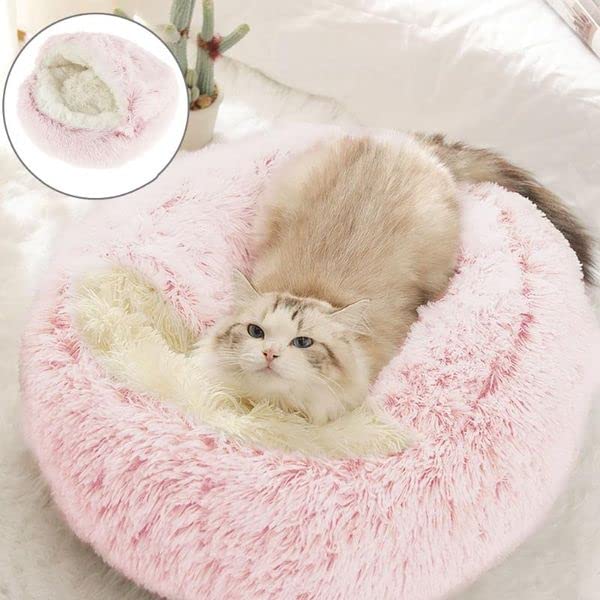 Round Fluffy Hooded Cat Bed Cave, Anti-Anxiety Cave Bed with Blanket | Hooded Cat Bed Cave, Cozy Cuddler Luxury Puppy Pet Bed, Anti-Slip Bottom and Machine Washable - color: Pink, size: Large