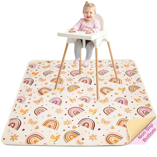 Basumee Splat Mat for Under High Chair, Waterproof & Mess-Proof Floor Mat | 46"×42" Baby Splash Mat, Non Slip Bottom, 4-Layer Fabric, Food & Liquid Catcher, Machine Wash for Boy Girl, Meals, BLW, Craft - color: Brown Rainbow, size: 46x42 Inches