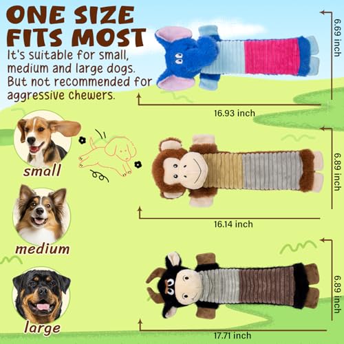 No Stuffing 3 Pack Dog Squeaky Toys, Chew with Crinkle to Large Puppy | Interactive to Keep Pets Busy, Durable Plush Pet Teething Toys, Toss, Fetch, Tug of war Play, Best Birthday Holiday Gift - color: Blue,balck,khaki