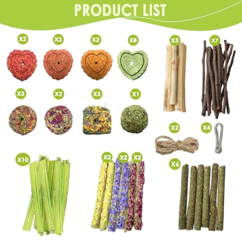 60pcs DIY Rabbit Toys for Bunnies Boredom,Rabbit Toy for Bunnies Boredom Bunny Toys for Teeth, Timothy Stick, Apple Sticks, Sweet Bamboo, for Guinea Pig, Hamster, Chinchilla, Rat, Small Animals