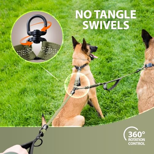 Double Dog Bungee Rope Leash - Dual Dog Lead for Medium and Large Breeds - Padded Handles, No Tangle - Flow Leash, 2 Dogs Walking Accessory - color: Green Range