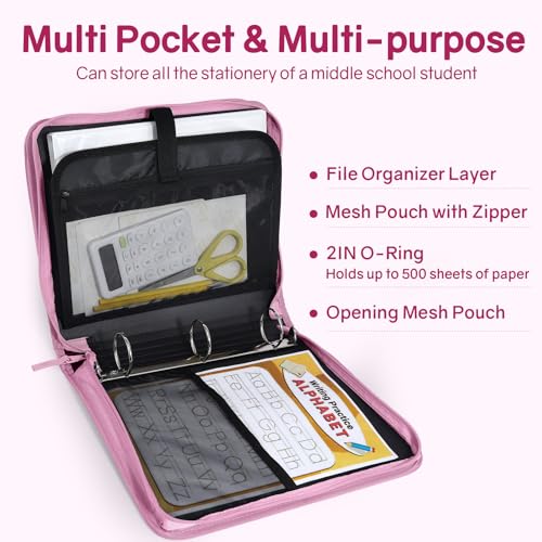 SUNEE Zippered Binder Bag with Handle, 2-Inch 3-Ring O-Ring, 500-Sheet Capacity, Includes Zip Pocket, 5-Tab Expanding File Folder, Multi-Pocket Organizer Binder for Middle School, Grape Purple - color: Grape Purple