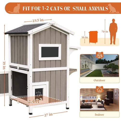 Outdoor Cat House Weatherproof Cats Shelter for Feral Kitten Pet Houses for 1-2 Small Animlas 2 Story Wooden Houses for Indoor Outdoor Cats with Escape Doors (23.5" L x 27" W x 38" H Grey) - style: 23.5"L x 27"W x 38"H GREY