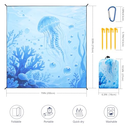 WIWIGO Beach Blanket Mat Waterproof Sandproof for 2-8 Adults Quick Drying | Extra Large, For 2-8 Adults,Windproof, Outdoor Picnic Mat, Beach Accessories Must Have,Gifts, for Travel, Camping, Hiking - color: 3d-jellyfish, size: 79" X 83"（1-4person）