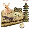 Bunny Grass Bed Mat 18Pcs Rabbit Chew Toys Set Hand-Made Woven Hay Mat | Wood&Bamboo Sticks and Timothy Grass Cake&Ball,Small Animals Teeth Grinding Chew Treat Toy for Guinea Pig - size: 18PCS Bunny Chew Toys