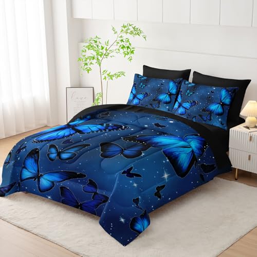7Pcs Blue Butterfly Comforter Set Animals Printed Bedding Set with 1 Comforter, 1 Flat Sheet, 1 Fitted Sheet and 4 Pillowcases for Boys and Girls Bedroom (Butterfly Twin - color: Butterfly, size: Twin 68x86inches