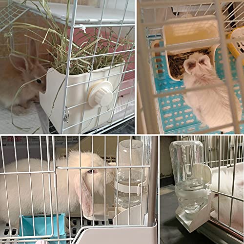 HERCOCCI Rabbit Hay Food Bin Feeder and Bunny Water Bottle Set, Hay Food Feeder Bowls Manger Rack with 500ml Hanging Water Dispenser Prevent Knock Over for Rabbit Guinea Pig Chinchilla (Large, White) - color: WHITE