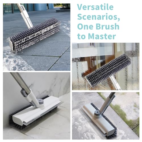Floor Scrub Brush with Long Handle, 3 in 1 Scrape and Heavy-Duty Stiff Bristle Scrubber Brush for Cleaning Shower Bathroom, Patio, Garage, Kitchen, Wall and Deck (White, 2 Pack) - color: White, size: 2 PACK