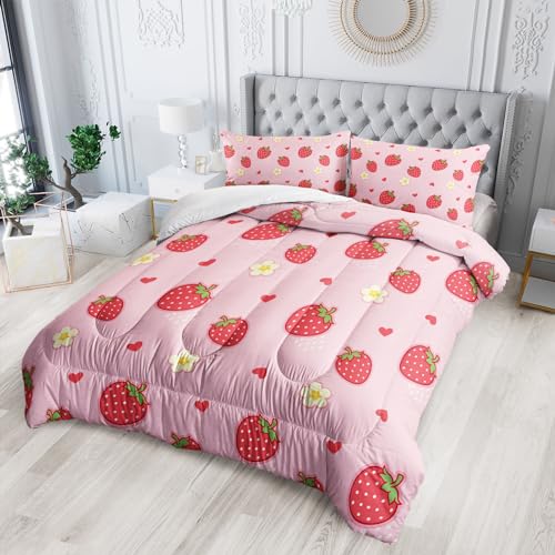 Nttopship Cute Strawberry Comforter Sets，Bedding Sets Twin Size for Kids,Cute Strawberries and Flowers Comforter Sets All Season 1 Comforter and 2 Pillowcases - color: Cute Strawberry, size: Twin