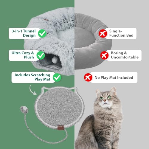 Cat Tunnel Donut Bed & Cat Scratch Pad, Interactive Cat Tunnels for Indoor Cats, Fits Multiple Cats Up to 15 lbs, Cozy and Durable Cat Hideaway Toy for Kittens, Puppies, Rabbits (Grey)