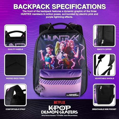 AI ACCESSORY INNOVATIONS K-Pop Demon Hunters Huntrix 16” Backpack for Girls, Featuring Rumi, Zoey, Mira, Rubber Molded Bag Charm, Huntrix - style: Huntrix