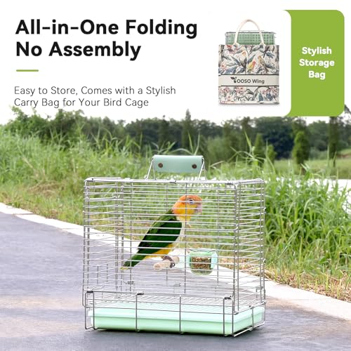 Bird Carrier Travel Cage - 304 Stainless Steel Portable Folding Bird Travel Cage with Parrot Feeder Cups & Standing Perch for Smaller Birds Conures Lovebird Cockatiel Parakeets (Green) | Easy install, includes carry bag. Rustproof, chew-safe, folds flat.
