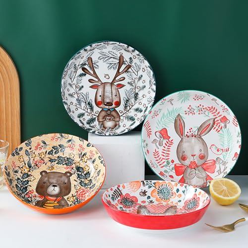 TANG SONG 8" Ceramic Animal Pasta Soup Serving Bowls (Set of 4) | Colorful Porcelain Plates for Kitchen, Dishwasher & Microwave Safe, Perfect for Daily Dining, Family Gatherings & Gifts