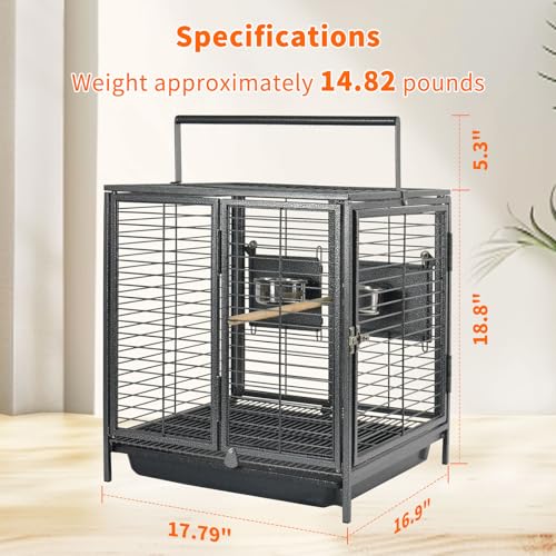 Portable Bird Travel Carrier Cage Black 19 Inch with Handle Wooden Perch,Parrot Travel cage Medium Birds for Cockatiels, Conures