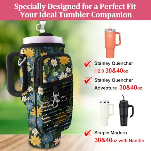 Stanley Carrier Bag for Stanley 40oz/30ozTumbler with Phone with 2 Adjustable Strap,3 Pockets Bottle Stanley Cup Carrier Bag & Case,Accessories for Hiking Travelling - color: Flower and Black Cat
