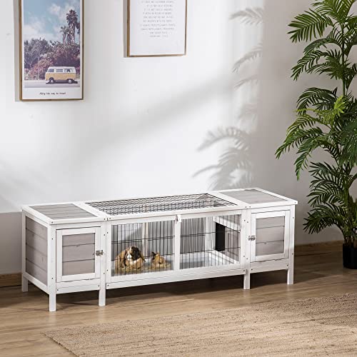 PawHut Rabbit Hutch, Bunny Cage, Guinea Pig House with Pull-Out Tray, and Divided Board for Rabbits, Chickens, Ducks, Indoor, White | Bunny Cage, Guinea Pig House, Divided Board, for Chickens Ducks, Indoor
