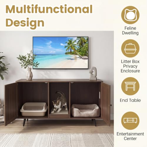 PETSITE Cat Litter Box Enclosure Furniture for 2 Cats, Large Litter Box Cabinet with Scratching Board, and Adjustable Foot Pads, Indoor Cat House TV Stand Side Table, Double Hidden Litter Box - color: Coffee
