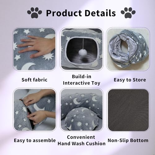 Cat Tunnel Bed for Indoor Cats with Washable Cushion Cat Cave Donut Tunnel with Fluffy Ball Big Round Tube Pet Playground Toys Soft Plush Peekaboo for Kitten, Cat, Puppy, Rabbit, Ferret（Moon Star） - color: Moon Star