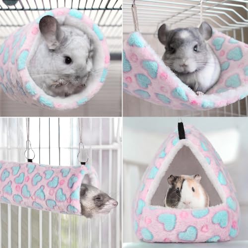 MCEAST 4 Pieces Small Pets Cage Accessories Hanging Hammock Sleeping Bag Tunnel and Bed Hideout Set Warm Sleep Nap Sack Bed for Hamster Ferret Squirrel Rabbit, Pink Hearts - style: Pink Hearts