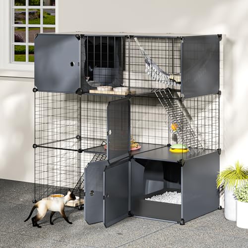 3-Tier Large Cat Enclosure Indoor & Outdoor with Litter Box, Detachable Multifunctional Catio Playpen - DIY Metal Wire Kennel Cage for Cats - size: 35.4"L x 15.7"W x 35.4"H