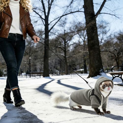 Ferret Clothes and Leash Set, Warm Hoodie Sweater with Harness and Leash for Outdoor Walking, Cozy Wear for Ferrets, Chinchillas, Small Pets, Adjustable Small Pet Outfits (Grey) - color: Grey