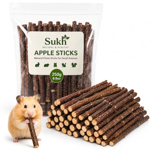 Sukh Natural Organic Apple Sticks - 250g Chew Sticks for Small Animals | Chew Toys for Hamsters, Rabbits, Guinea Pigs, Gerbils, Chinchillas & Squirrels, Teeth Grinding Supplies, Cage Accessories - size: 250g