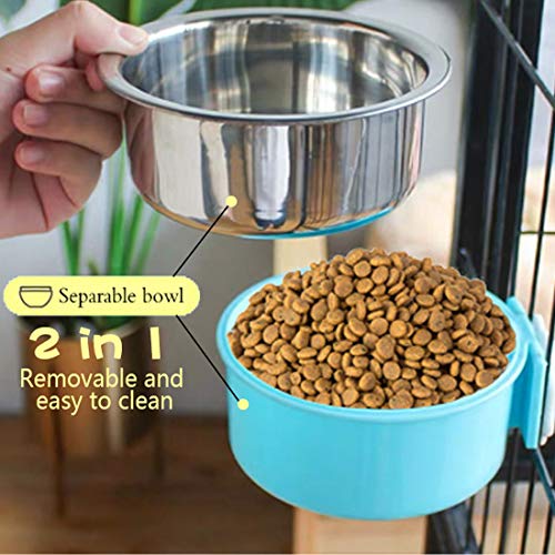 Hamiledyi 2-Pack Hanging Dog Bowls with Removable Stainless Steel Feeder - Spill-Proof Crate Bowls for Kennel/Cage, Puppy to Medium Dogs, Cats, Rabbits & Guinea Pigs (Durable Pet Food & Water Dishes) - color: D：Blue+Pink