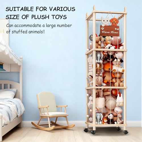 Large Stuffed Animal Storage with Cat & Dog Design, Wooden Stuffed Animal Zoo, Rolling Stuffed Animal Holder, Toy Storage Cage, Plushies Storage for Playroom Bedroom