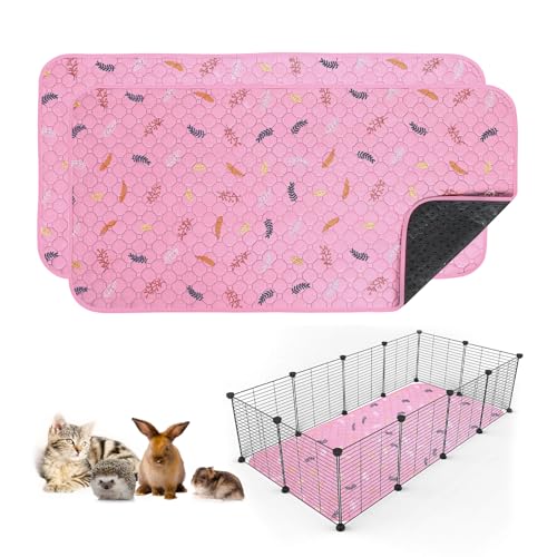 Sunheir 2 Pack Washable Guinea Pig Pee Pads, 24" x 48" Waterproof Reusable Guinea Pig Cage Liners, Absorbent Bedding Training Mat for Small Animal Guinea Pigs Rabbit Bunny Hamster - Pink - color: Leaves - Pink, size: 24x48 Inch (Pack of 2)