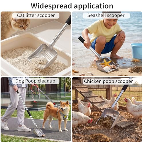 Metal Cat Litter Scoop: Detachable Long Handle Litter Scooper | Heavy Duty Stainless Steel Pooper Scooper w/Deep Shovel-Non Stick Sifter w/Foam Padded Grip-No Bending w/Storage Hook - color: silver shovel