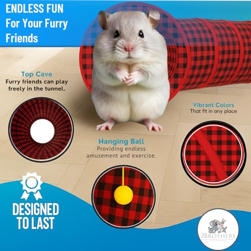 Tunnels with 3-Way Entrance - Cozy, Washable Guinea Pig Hideout - Interactive Cage Toys (Red Plaid) - color: Red Plaid