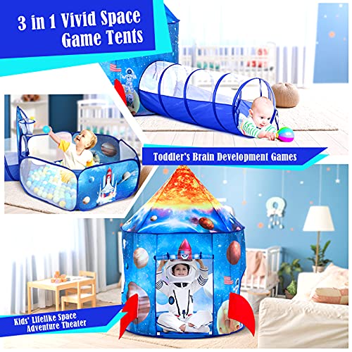PigPigPen 3pc Kids Play Tent for Boys with Ball Pit, Crawl Tunnel, Rocket Ship Tents for Toddlers, Baby Space World Playhouse Toys, Boys Indoor& Outdoor Play House, Perfect Kid’s Gifts - style: 3PC Rocket Play Tent