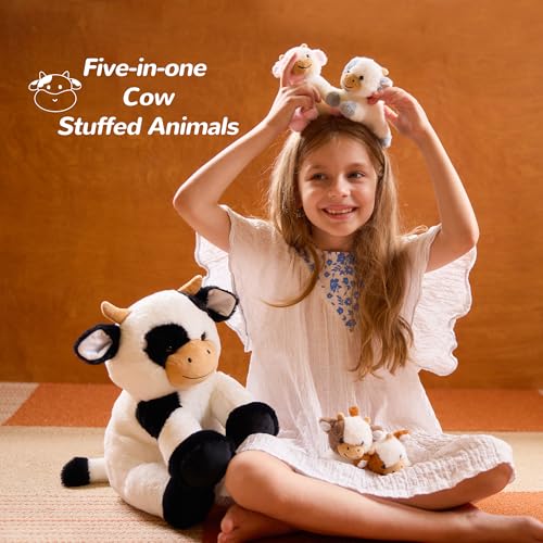 Cow Stuffed Animals Mommy with 4 Baby Cows Toys Gifts for Girls Children | Cute Stuffed Plush Toys Set for Toddlers Kids Ages 0-8+, Christmas Birthday Baby Shower Party Decor Storytime Companion Gifts - style: Cow