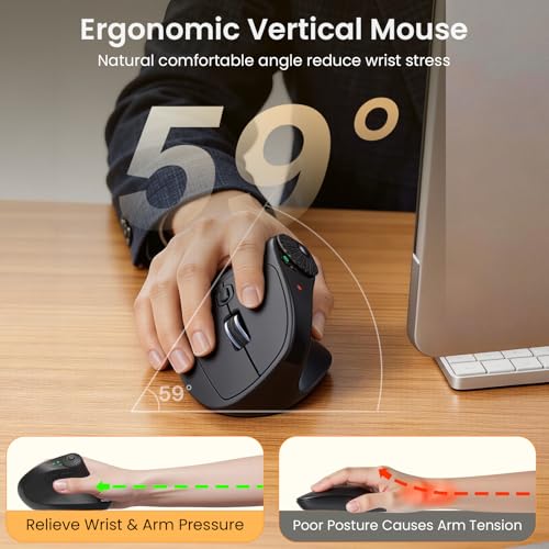 SABLUTE MAM51 Ergonomic Mouse Wireless with Side Scroll Wheel, Bluetooth Mouse with 4000 DPI, 8 Buttons Office Wireless Computer Mouse, Small to Medium Sized Hands Vertical Mice for PC and Desktop