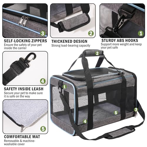 Vivicreate Cat Carrier Airline Approved Soft Sided Pet Carrier for Cats and Small Dogs Portable Travel Cat Bag with Mesh Ventilation Safety Leash and Shoulder Strap up to 15 lbs