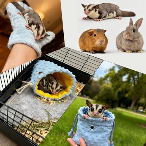 3 Pack Sugar Glider Tote Plush Sleeping Pouches & Anti Bite Mitten (Blue) | Warm Carrier Bag, Portable Drawstring Bonding Pouch, Calming Soothing Glove, For Small Pets - color: Blue