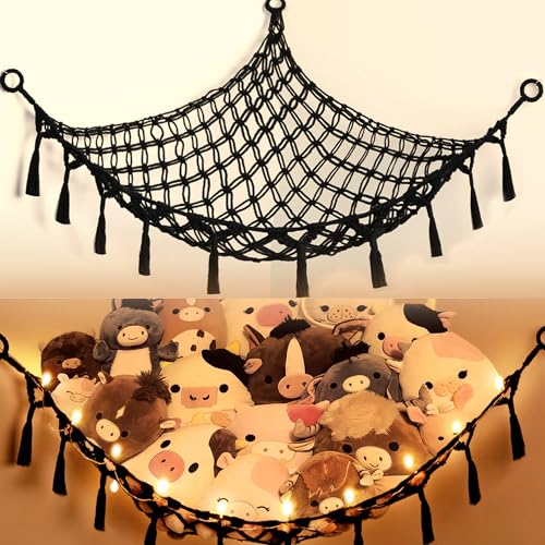 Stuffed Animal Net or Hammock with Light,Yewiwin Macrame Hanging Net Hammock for Stuffed Animal Toy Storage Organizer Boho Decor Room Holder for Nursery Play Room Bedroom (Black(55"*55"*72")) - color: Black(55"*55"*72")
