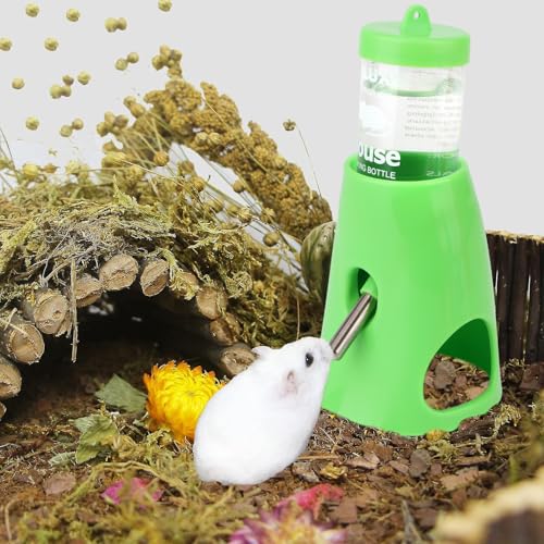 Hypeety Hamster Cage Drinking Water Bottle Parrot Mice Rat Gerbils Water Feeder Bowl 1Pcs 80ml (Green,80ml) | Leak-proof stainless steel nozzle, 2-in-1 with hideout , automatic feeder for hamsters/gerbils/mice, 2.71 fl oz/80ml, green - color: Green