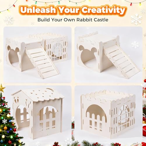 Large Rabbit House, Wooden Bunny Castle with 3 Houses Indoor, Rabbit Guinea Pig Cage Multistory Climbing Tower Sturdy Wooden Castle, Small Animal Hideaway Tunnel - size: 3 Houses