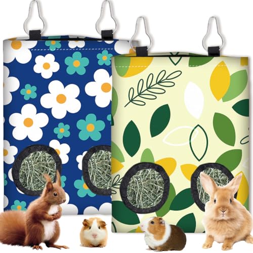 2Pcs 2 Styles Rabbit Hay Bag Feeder for Guinea Pigs Chinchillas 11.6 x 9.1 Inch Hanging Hay Holder with 2 Holes Flowers Leaves Cloth Washable Small Animal Feeding Storage Cage Accessories - color: Flower