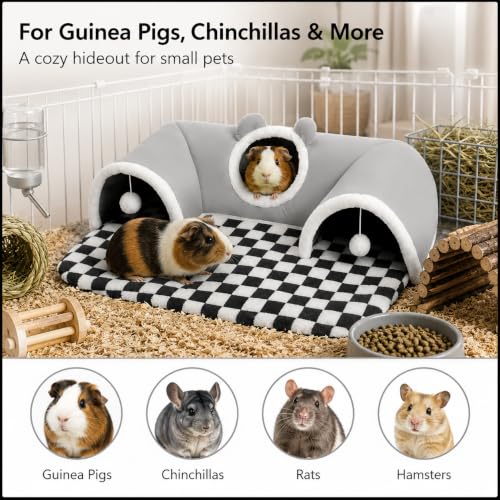 Large Guinea Pig Hideout Tunnel with Removable Warm Bed, 3-Cave Small Animal Hideaway Play Tunnel, Cozy Cage Accessories for Hamsters, Chinchillas, Rats