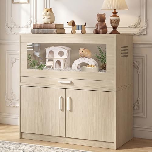 Hamster Cage with Storage Cabinet Detachable, Large Wooden Small Animal Habitat with Easy-Clean Drawer & Acrylic Panels for Guinea Pig, Rabbit, Hedgehog, Chinchilla (Teak) - color: Teak