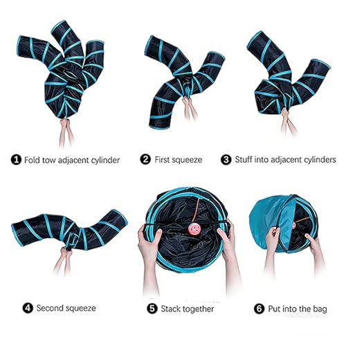 Cat Tunnel for Indoor Cats Large, with Bell Ball S-Shape | 5 Way Collapsible Interactive Peek Hole Pet Tube Toys, Puppy, Kitty, Kitten, Rabbit (Blue & Black) - color: Blue & Black