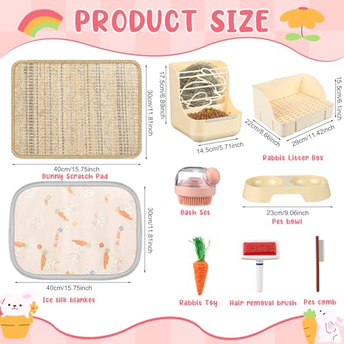 Honeydak 10 Pcs Rabbit Starter Kit Small Litter Box Bunny Grooming Kit Scratch Pads Hay Feeder Bowl Ice Pad with Bunny Toys for Guinea Pig Rabbit Accessories(Beige) - color: Beige