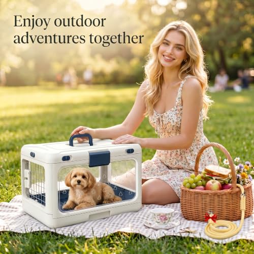 Foldable Hard Cat Carrier, Transparent Pet Crate for Cats & Small Dogs, Collapsible Travel Kennel with Ventilation & Urine Pad Mesh Grid, Portable Travel cage, Essential for pet Travel, White - color: White