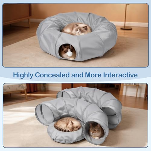 Cat Tunnel Bed with 2Pcs Interactive Toys, 3-in-1 DIY Collapsible Plush Cat Tube with Washable Mat, Large Indoor Play Tunnel Cave for Kittens and Small Animals - color: Cool Gray