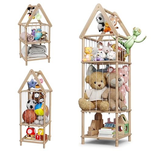 Kid Stuffed Animal Storage Corner, 3 Heights Adjustable (36", 45.5", 55.5") Wooden Zoo Stuffed Animal Organizer with Bottom Shelf, Durable Elastic Plushies Storage Cord - Teddy Bear Holder