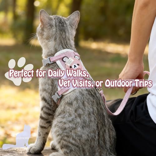 LeLehome Cat Vest Harness and Leash Set - Soft Fabric Cute Pink Bear, Adjustable Straps Walking Escape Proof for Kitten, Puppy, Rabbit (S)